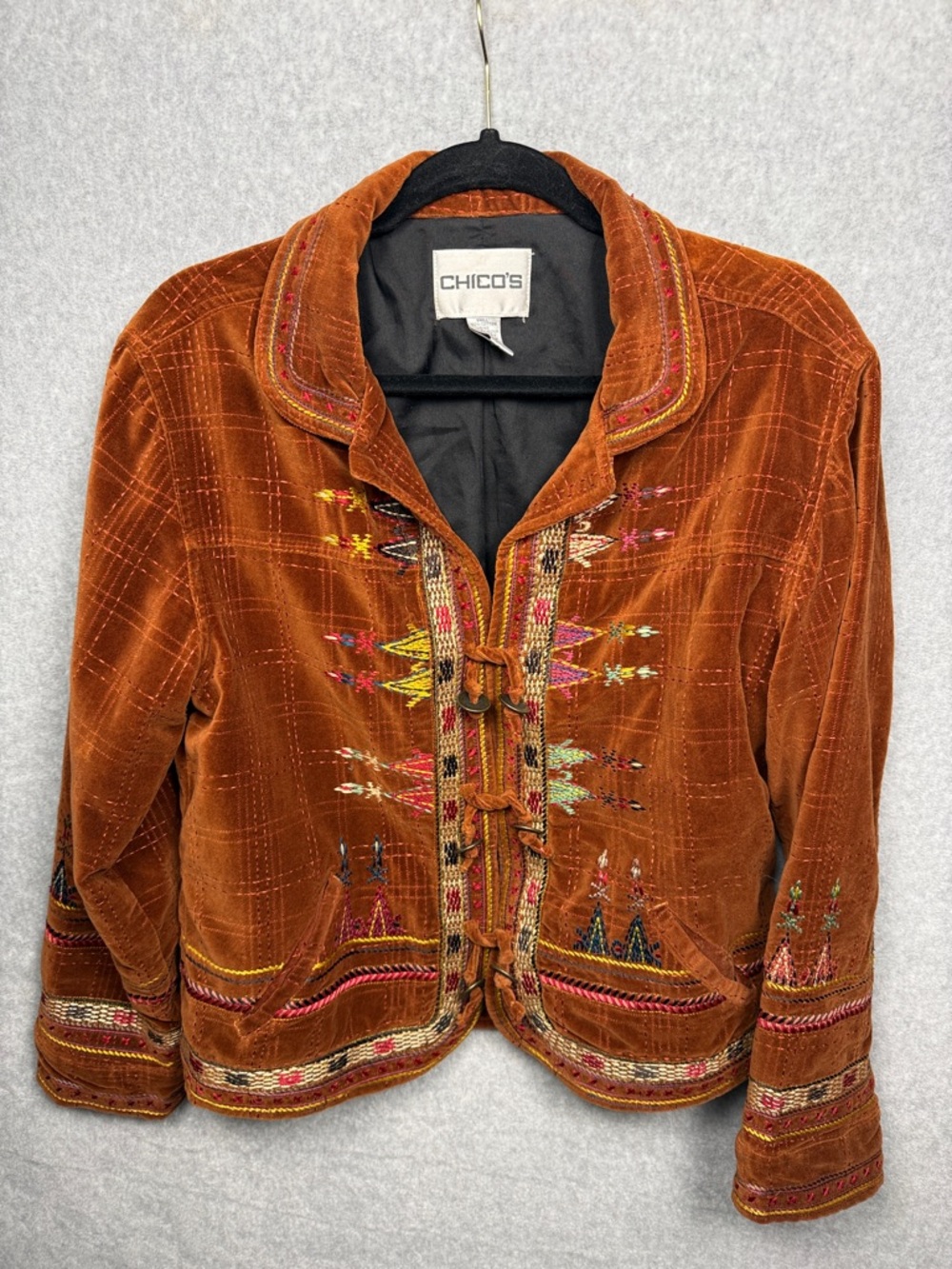 VTG Chico’s Embroidered Velvet Jacket S 2 Boho Southwestern Rust Festival Y2K
